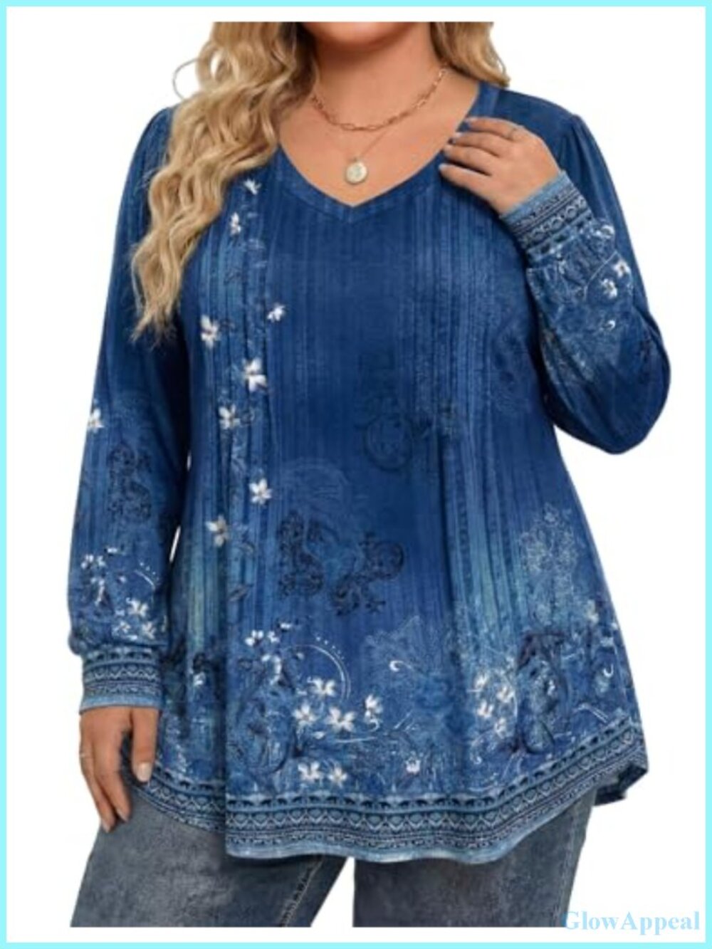 Plus Size V Neck Puff Long Sleeve Blouse Loose Fit Floral Tunic Top